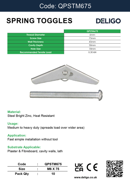 Fixing Spring Toggles M6 X 75 SPRING TOGGLES (BOXED) Pack Qty 10 - Deligo