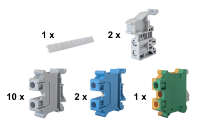 10 x 2mm Grey, 2 x 2.5mm Blue, 1 x 2.5mm Earth DIN Rail Terminal Kit